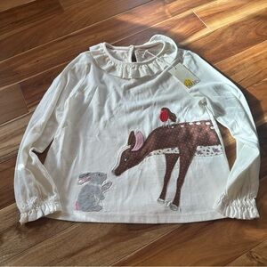 NWT Mini Boden Long Sleeve, Ruffle Collar, appliqué top. Size 5-6 years